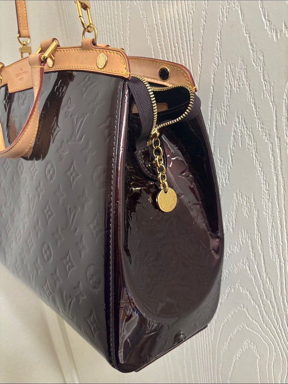 Louis Vuitton Patent Monogram Satchel in Deep Burgundy with Vachetta Trim - Picture 2 of 9